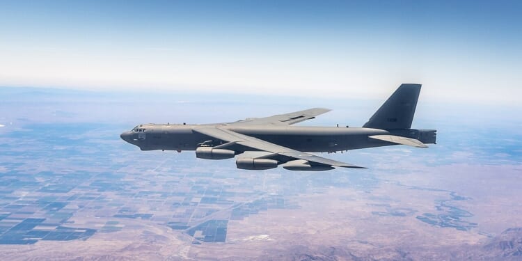 A B-52 Stratofortress in flight.