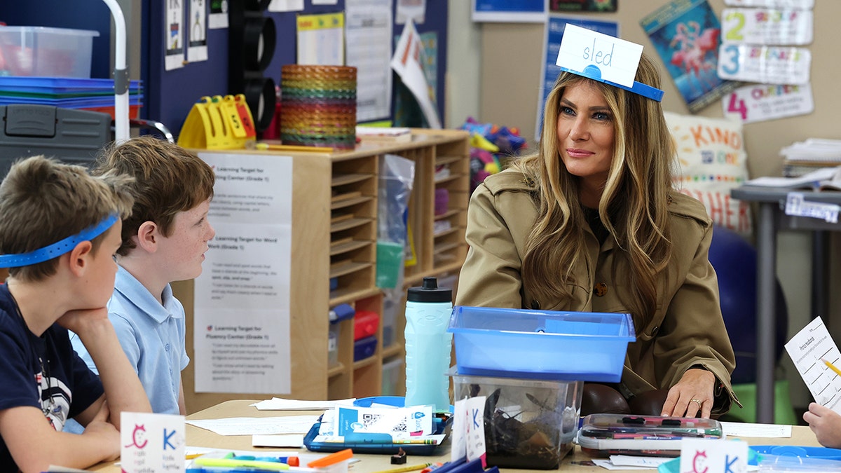 First Lady Melania Trump plays "Heads Up" with students