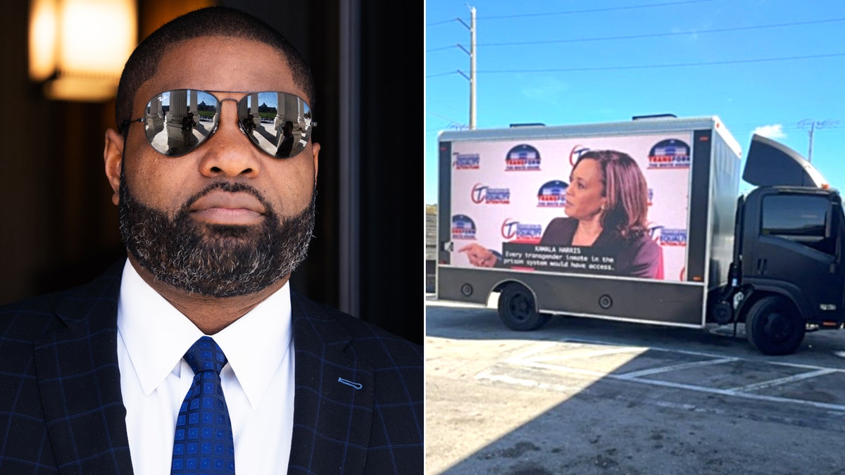 Left: Rep. Byron Donalds; Right: Truck displaying video footage of Kamala Harris
