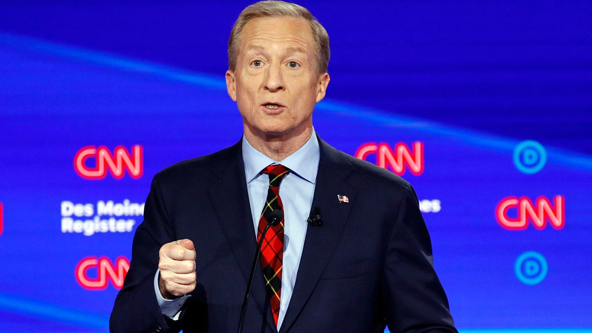 Democratic presidential candidate businessman Tom Steyer speaks, Tuesday, Jan. 14, 2020, during a Democratic presidential primary debate hosted by CNN and the Des Moines Register in Des Moines, Iowa. 