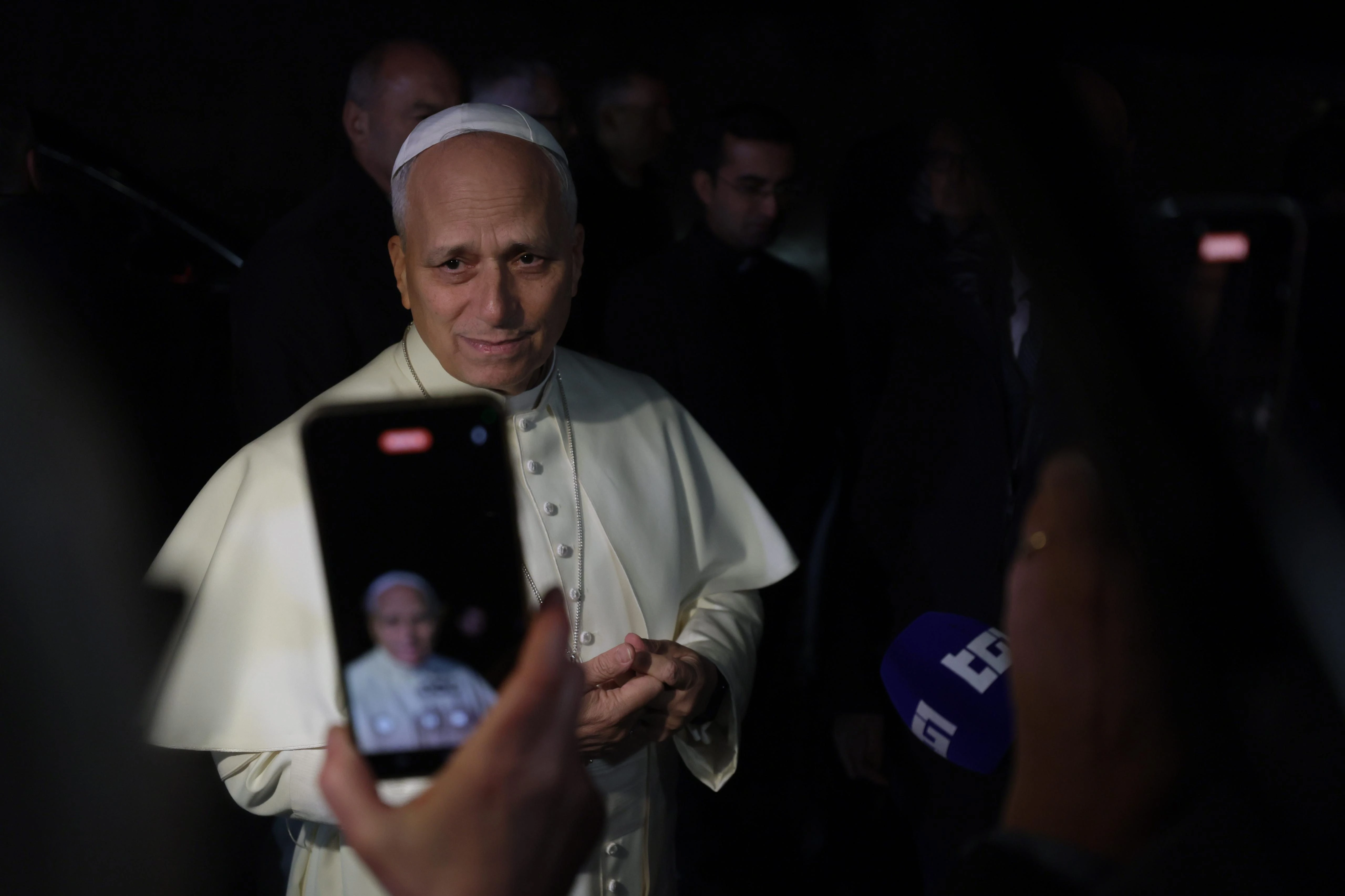 Pope Leo XIV speaks to reporters after a daylong stay at the papal villa of Castel Gandolfo on Nov. 25, 2025. Credit: Daniel Ibáñez/CNA