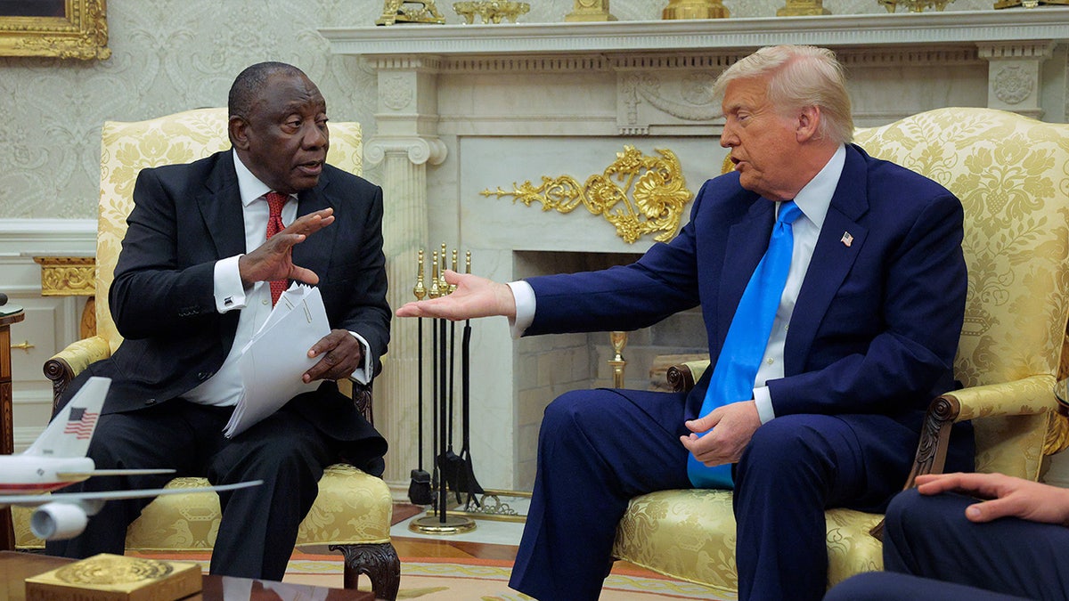 President Trump seen talking with South African President Cyril Ramaphosa
