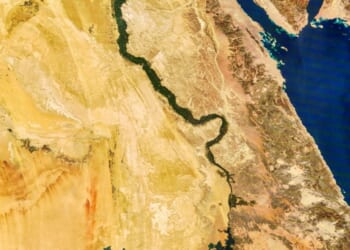 Satellite image of the Nile River with Sudan, Ethiopia, and the Horn of Africa.