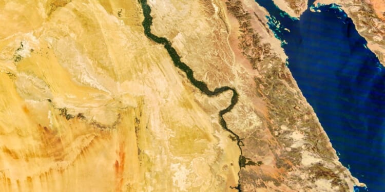 Satellite image of the Nile River with Sudan, Ethiopia, and the Horn of Africa.