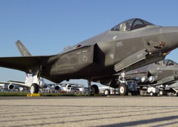 An F-35 fighter jet on display in Germany.