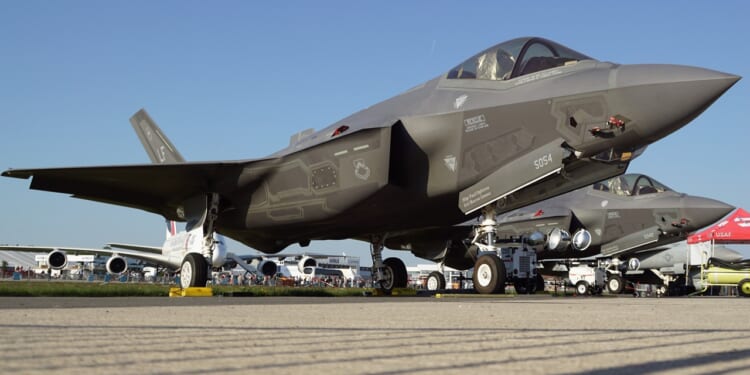 An F-35 fighter jet on display in Germany.