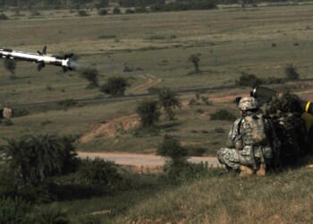 An Indian Army soldier firing a Javelin missile.