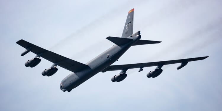 A B-52 Stratofortress in flight.