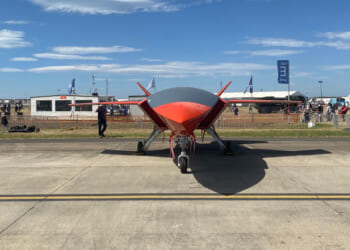 A front view of the Boeing MQ-28 Ghost Bat at the 2023 Avalon Airshow.