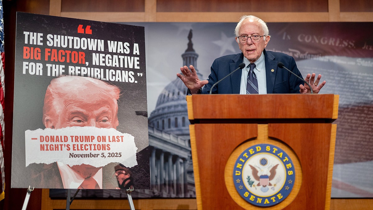 Senator Bernie Sanders, an Independent from Vermont, during a news conference at the US Capitol in Washington, DC, US, on Wednesday, Nov. 5, 2025. The US government has reached a major milestone of dysfunction as Congress has allowed a federal shutdown to drag into its 36th day - the longest in history - amid a stalemate over health-care and spending priorities.