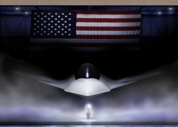 Shown is a graphical artist rendering of the Next Generation Air Dominance (NGAD) Platform. The rendering highlights the Air Force’s sixth generation fighter, the F-47.