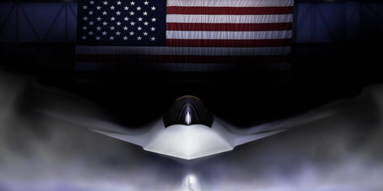 Shown is a graphical artist rendering of the Next Generation Air Dominance (NGAD) Platform. The rendering highlights the Air Force’s sixth generation fighter, the F-47.