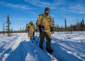 U.S. East Coast-based Naval Special Warfare, U.S. Army, Canadian, U.K., and interagency Special Operations Forces (SOF) traverse deep snow during medical training at Fort Wainwright, Alaska, Feb. 16, 2025.
