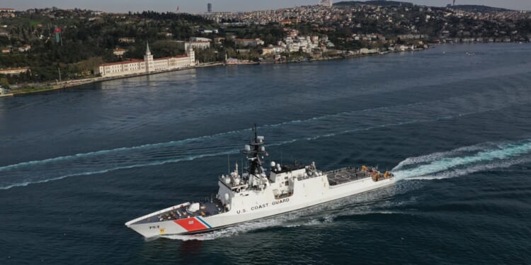 A US Coast Guard vessel at sail.