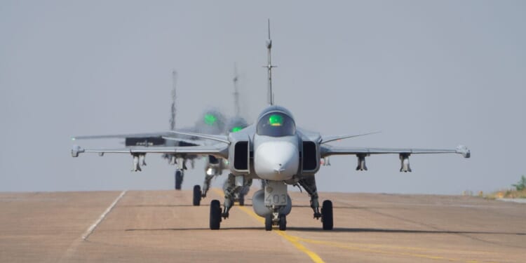Royal Thai Air Force (RTAF) SAAB JAS-39 Gripen elephant walk at Korat airbase during the Cope Tiger Exercise 2023.