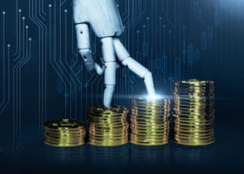 Gold stack coin representing digital crypto currency of financial foreign exchange market, robot hand artificial intelligence AI hand increasing value price and trading wealth, modern blue background. concerns about AI bubble