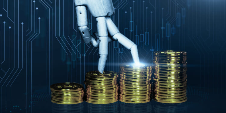 Gold stack coin representing digital crypto currency of financial foreign exchange market, robot hand artificial intelligence AI hand increasing value price and trading wealth, modern blue background. concerns about AI bubble