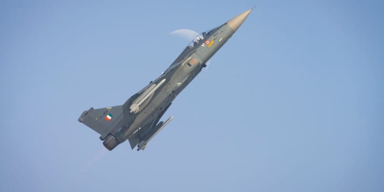 A HAL Tejas fighter in flight.
