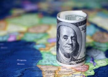 US dollars on the Africa map background. American investment and trading, African economy