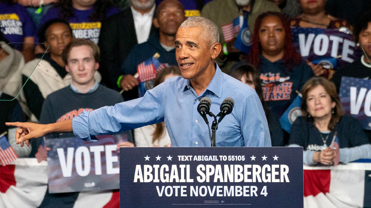 Former President Obama speaks during Virginia rally