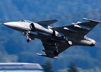 A JAS 39 Gripen in flight.