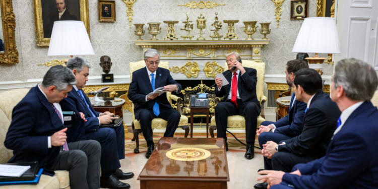 President Trump meets with Kazakh president in the Oval Office.
