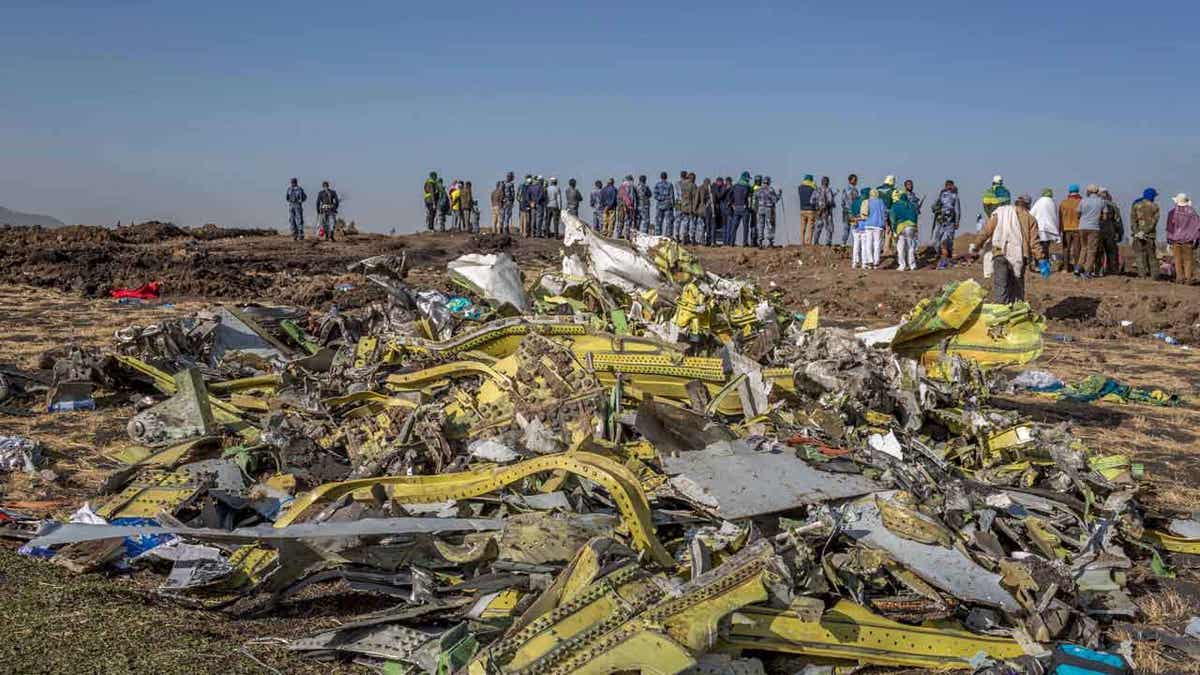 The scene of an Ethiopian Airlines flight crash near Bishoftu, or Debre Zeit, south of Addis Ababa, Ethiopia, March 11, 2019.