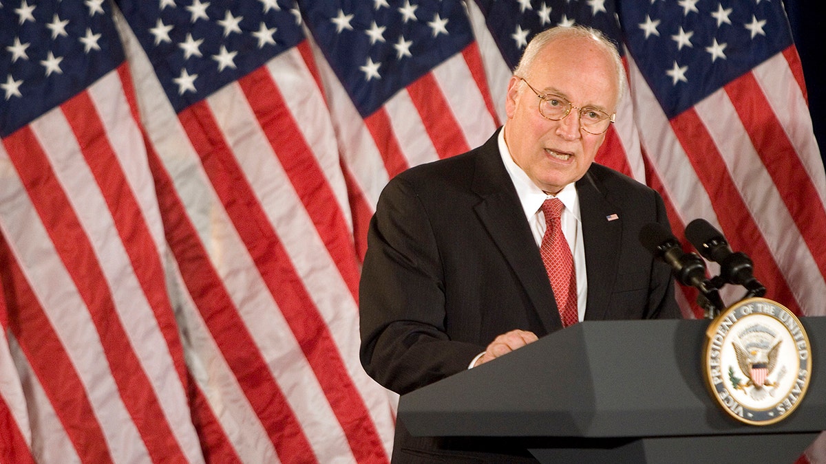 Dick cheney in black suit jacket and red tie speaks from podium