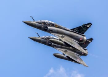 Dassault Mirage 2000D in flight during an airshow exercise at Gap Tallard, France.