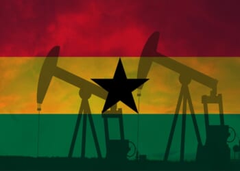 Ghana oil industry concept, industrial illustration. Ghana flag and oil wells, stock market, exchange economy and trade, oil production
