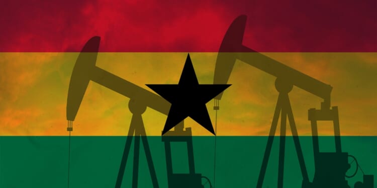 Ghana oil industry concept, industrial illustration. Ghana flag and oil wells, stock market, exchange economy and trade, oil production