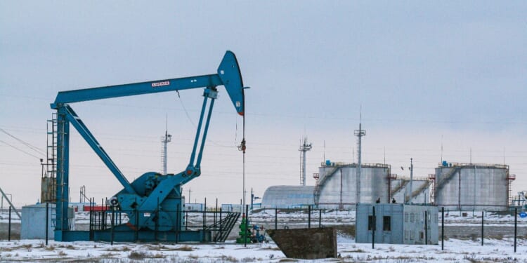 Oil pump oil rigs energy industrial machine for oil production in the Mangytau region of Kazakhstan. March 31.2006