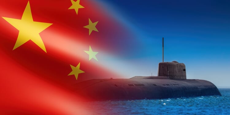 A Chinese submarine overlaid against a Chinese flag.