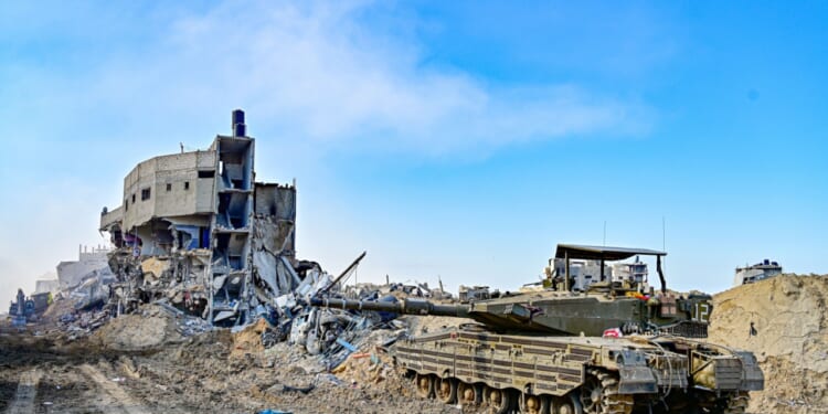 Ruins of Gaza and an Israeli tank.