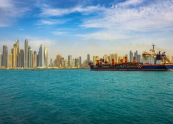 Cargo ship appears outside of Dubai.
