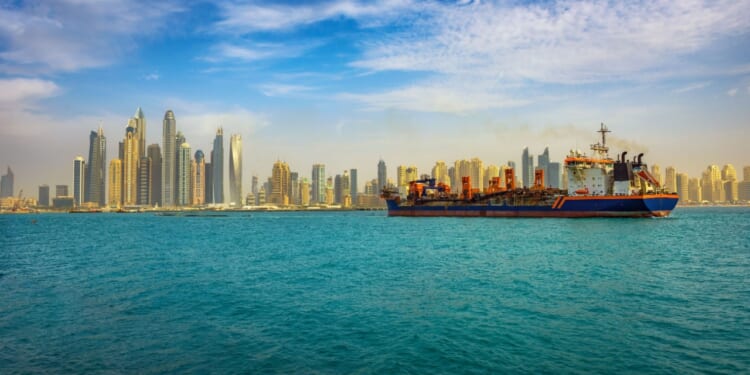 Cargo ship appears outside of Dubai.