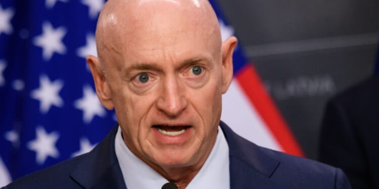 US senator Mark Kelly addresses press conference in Riga.