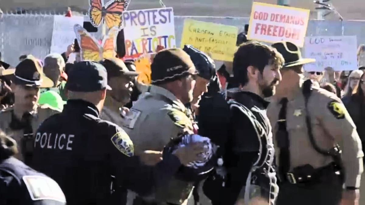Police detain a protester during an anti-ICE rally outside the Broadview facility in Illinois, surrounded by demonstrators holding butterfly-shaped and slogan sign.