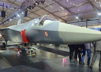 A mockup of India's Advanced Medium Combat Aircraft (AMCA) fighter.