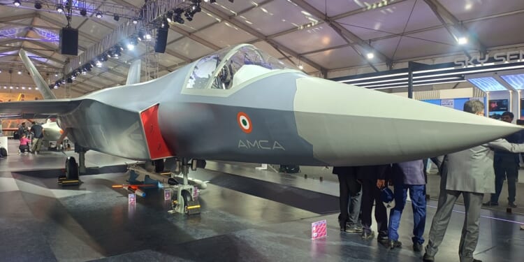 A mockup of India's Advanced Medium Combat Aircraft (AMCA) fighter.