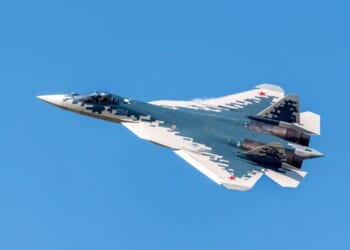 Demonstration of the latest Russian SU-57 fighterof the international aerospace salon MAKS-2021.