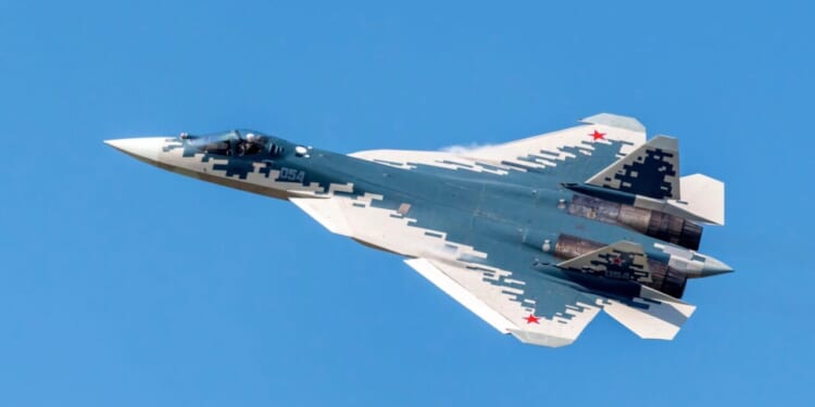 Demonstration of the latest Russian SU-57 fighterof the international aerospace salon MAKS-2021.