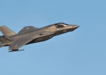 An F-35 Lightning II fighter jet in flight.