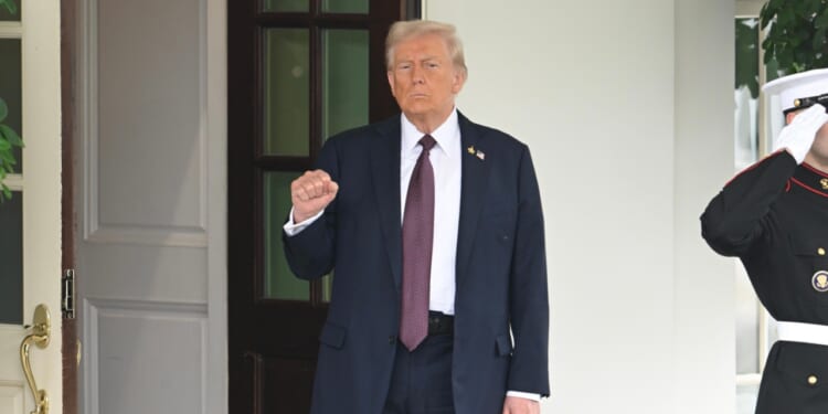 President Donald Trump appears outside of the White House.