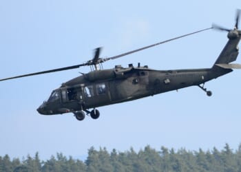 A US Army Black Hawk helicopter in flight.