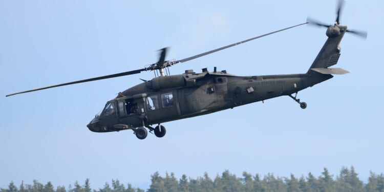 A US Army Black Hawk helicopter in flight.