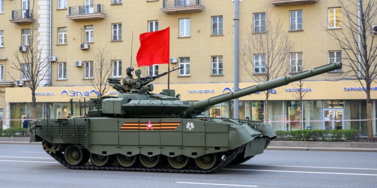 A Russian T-80BVM tank on parade.