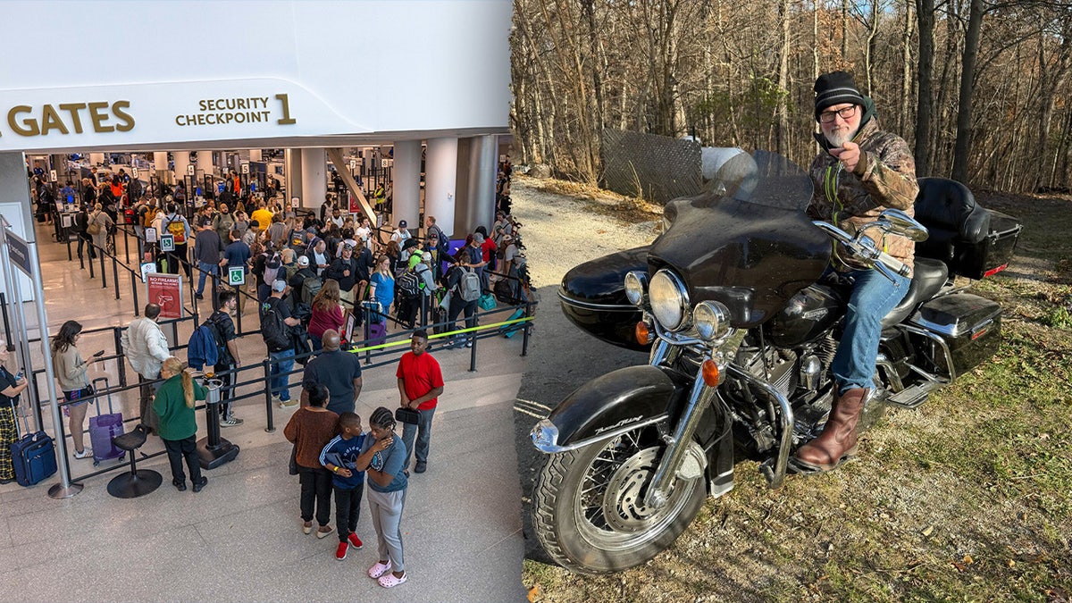 Rep. Derrick Van Orden on his motorcycle split with a busy airport checkpoint