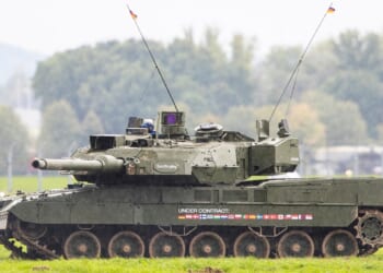 A German Leopard 2A8 tank on a range.