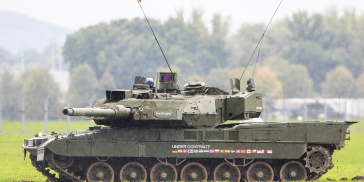 A German Leopard 2A8 tank on a range.